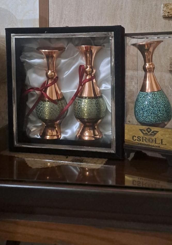 گلدان مسی با سنگ فیروزه و خاتم|صنایع دستی و سایر لوازم تزئینی|کرج, مهرشهر - فاز ۴|دیوار