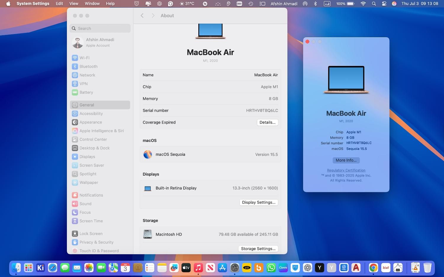 لپ تاپ 13 اینچی اپل مدل MacBook Air 2020-M1|رایانه همراه|تهران, تهرانپارس شرقی|دیوار