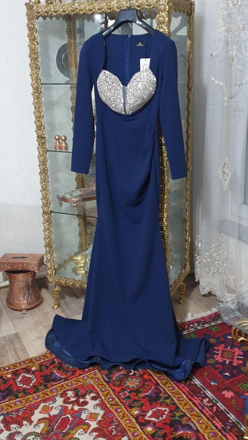 لباس مجلسی آبی مدل ماهی سنگ دوز سایز XL نو آکبند|لباس|تهران, باغ فیض|دیوار