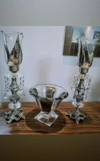 شمعدانی کریستال پایه برنز با دکوری اعیانی