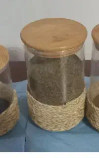 ست ۶ بانکه شیشه‌ای چوبی حصیری + جاادویه چوبی شیک