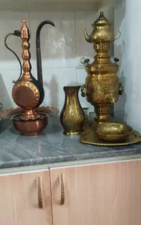 سرویس سماور برنجی 3 لیتری و آفتابه لگن سیاه‌قلم