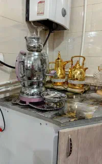 سماور گازی نقره‌ای استیل به همراه قوری و سینی