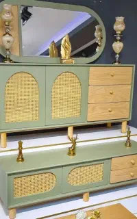 ست آینه کنسول حصیری / رنگ سبز پاستیلی