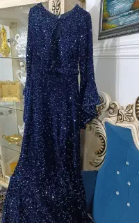 لباس مجلسی پولکی سرمه‌ای کار شده