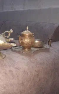 پیسوز ۵ شعله قدیمی،  ست سینی و قوری فسقلی برنجی