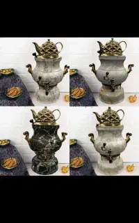 سماور و قوری سه کاره طرح سنگ آکبند طلایی