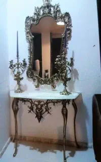 آینه و شمعدان پنج شعله و کنسول برنز قدیمی و سنگین