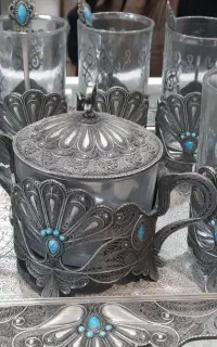 سرویس چایخوری با سینی و قندان سیلور نو