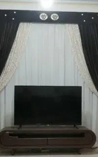 پرده پذیرایی مخمل + کتیبه چوبی و میل پرده
