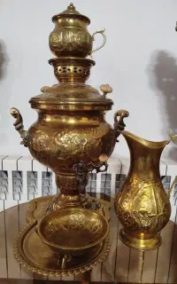 سرویس سماور برنجی زغالی   سایز بزرگ ۵تیکه