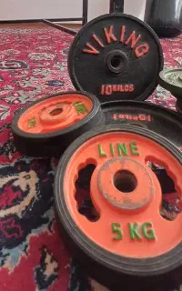هالتر خانگی با گیره مخصوص و تعدادی وزنه فلزی