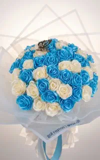 دسته گل روبانی آبی آسمونی سفید درجه یک مناسب هدیه