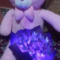 عروسک یک متری و دست گل پروانه بنفش