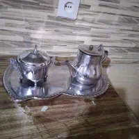 قوری و قندون استیل به همراه  سینی سماور