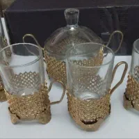 استکان انگاره برنجی چایخوری مقصودلیوان طلایی قوری
