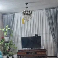 پرده تور با ۲ دستک مخمل رنگ فیلی
