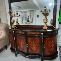 آیینه کنسول معرق چوبی،همراه باشمعدان و ساعت