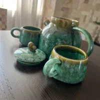 ست قوری و ۲ فنجان سرامیکی لعاب کریستالی سبز