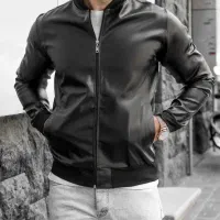 کاپشن چرم مردانه /آکبند فروشگاهی/ تکرنگ مشکی