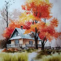 تابلو نقاشی آبرنگ منظره پاییزی