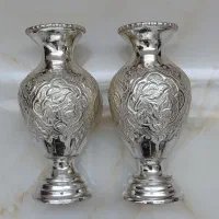 یک جفت گلدان نقره نما قلم گل و مرغ