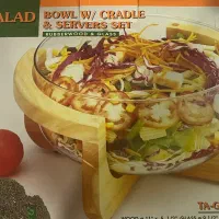 ست سالادخوری شیشه‌ای پایه چوبی نو و جعبه‌دار
