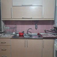 فروش کابینت MDF رنگ چوب + هود + سینک ۱.۵ لگنه