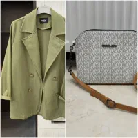 کت کتان لینن گرم بالا سبز زیتونی و کیف زنانه شیک