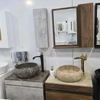 روشویی کابینتی سنگی طوسی و طرح چوب فول ست