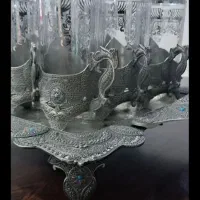 استکان گیره دار دودست با قندان یک عدد سینی