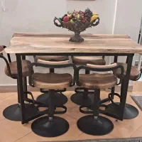 میز دست‌ساز چوب طبیعی گردو + صندلی چرخان ۶ عددی