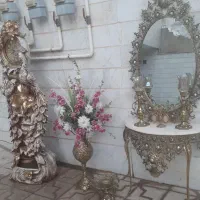 آینه شمعدانی برنجی،گلدان برنجی و میوه خوری