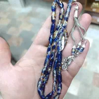 تسبیح کهربا آبی زر کوب تراش کپسولی ترکیه