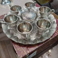 ست سینی و فنجان و قندان نقره ای از جنس برنج