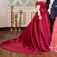 لباس عروس زرشکی مزون دوز ۳ متر دنباله با ژپون