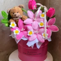 دسته گل های جاودان با عروسک برای هدیه نوزادی و..