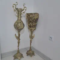 گلدان و ست سطل وجای دستمال کاغذی برنجی پایه بلند