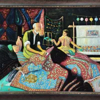 تابلو نقاشی رنگ روغن روی پارچه جیر سیاه با قاب