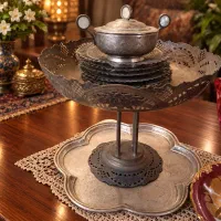 ست شیرینی خوری پایه دار و سینی نقره آنتیک، عیار ۸۴
