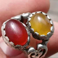 انگشتر نقره دوکله کهنه عقیق سرخ و زرد طبیعی