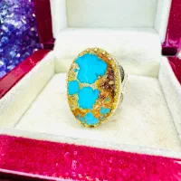 انگشتر فوق لوکس سنگ فیروزه آبی درباری رگ طلایی اصل
