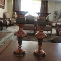 یک جفت شمعدان مس و خاتم