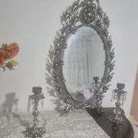 آیینه و شمعدان برنج با روکش نقره