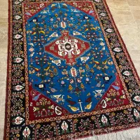 قالیچه فیروزه ای چله و گل ابریشم عشایری