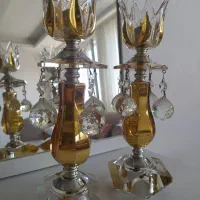 یک جفت شمعدان کریستال طلایی رنگ ثابت