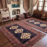 قالیچه جفت دستباف سرمه ای،گبه کرم پادری،فرش بختیار
