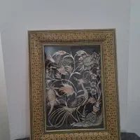 تابلو قلم زنی گل و مرغ و ان یکاد با قاب خاتم کاری