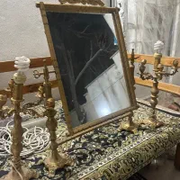 آینه و شمعدان قدیمی برنز اصل(آب طلا)