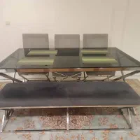 میز ناهارخوری ۶ نفره مدرن استیل و شیشه‌ای